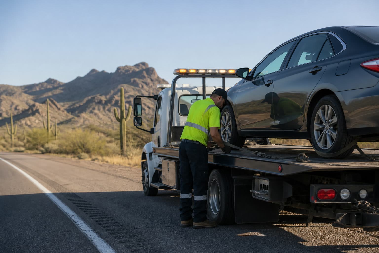 Tow operator securing a sedan on a flatbed in the Arizona desert