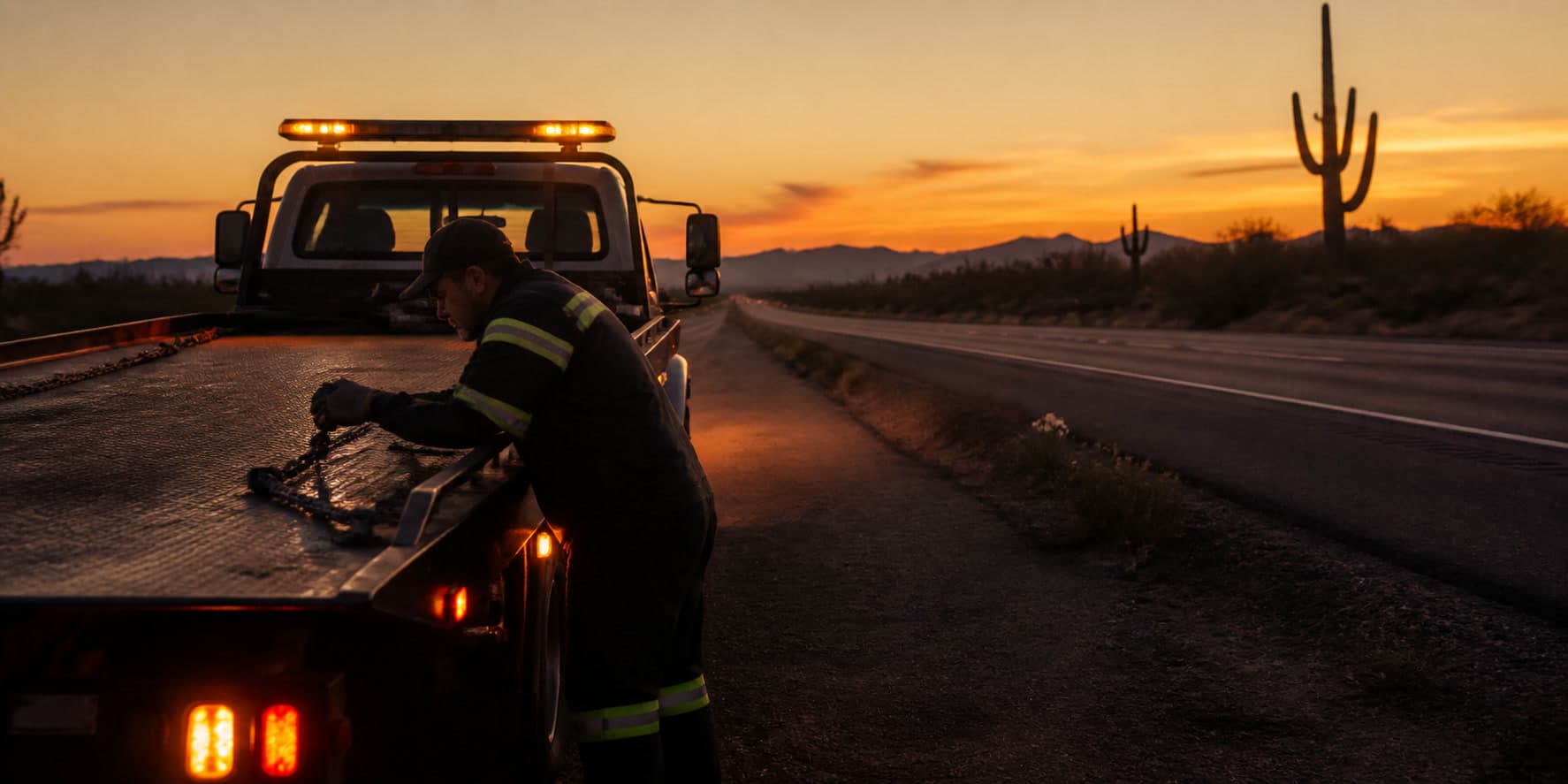 Tow operator securing chains on a flatbed at dusk in the Arizona desert