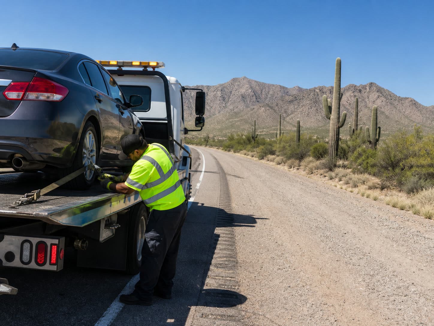 Tow operator securing a car on a flatbed beside Arizona mountains